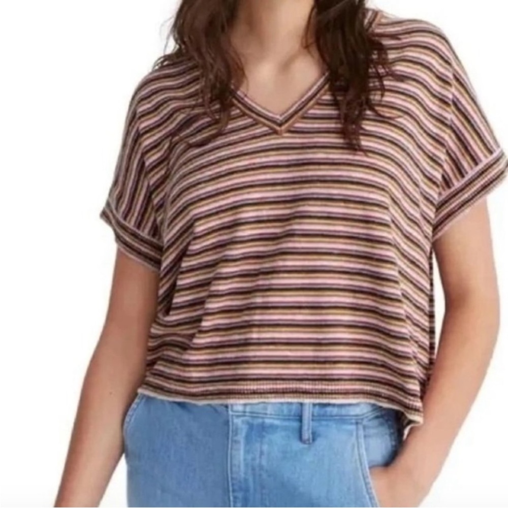Madewell Stripe Paulson Short Sleeve Sweater Tee Boxy V Neck Relaxed Fit